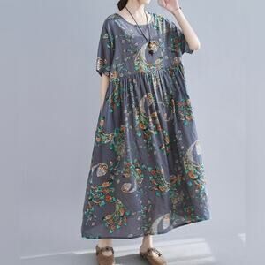 Feather Print Short Sleeve Casual Loose Romantic Summer Maxi Dress With Pockets